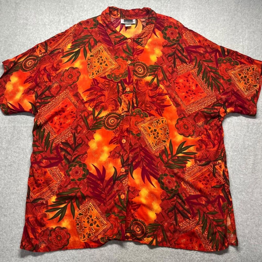 Maggie Barnes Plus Size 3XL Orange Red Abstract Floral Rayon Button Up Shirt USA